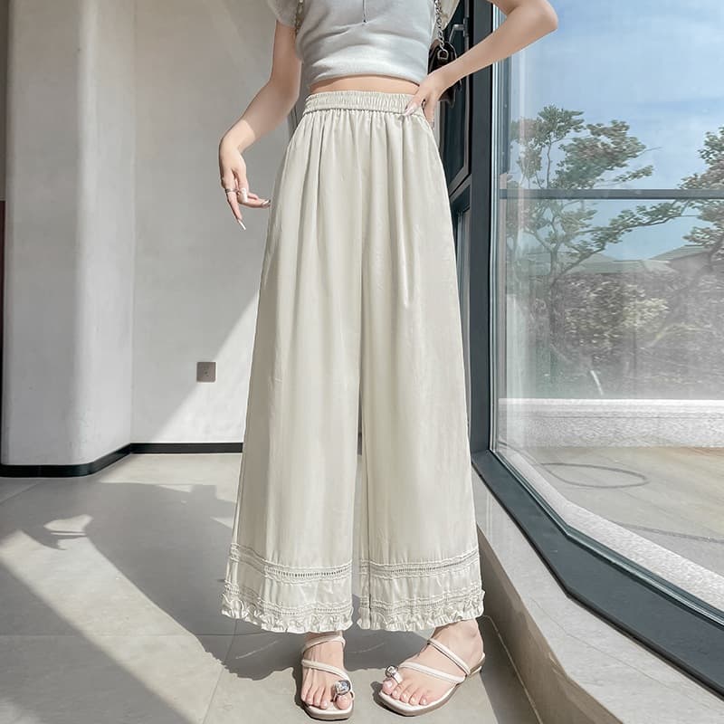 Korean style lace wide leg nine-point pants for women summer thin ice silk casual pants high waist drape loose straight pants