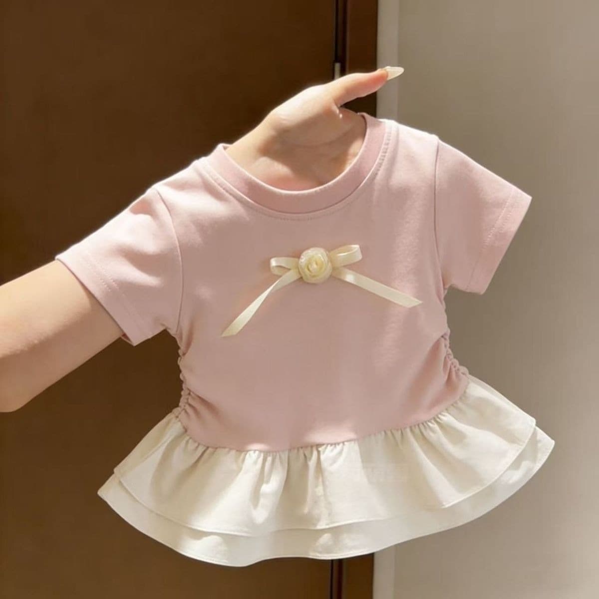 Girls lotus leaf short-sleeved bow T-shirt summer new fashionable and sweet children 2026 tops princess cute