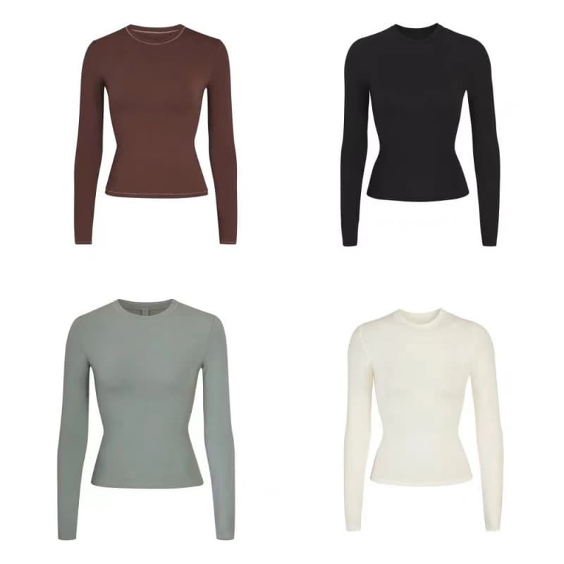 Skims Kim Kardashian Style Slim Fit Long Sleeve T-Shirt Base Layer Inner Top Round Neck Waist Cinching Slimming Solid Color Top
