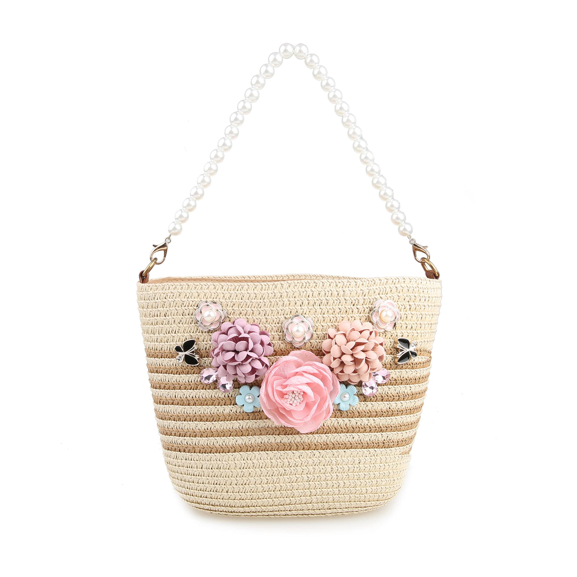 Straw Flower Pearl Bag for Women 2025 Autumn New Style Handbag Crossbody Woven Bag for Girls