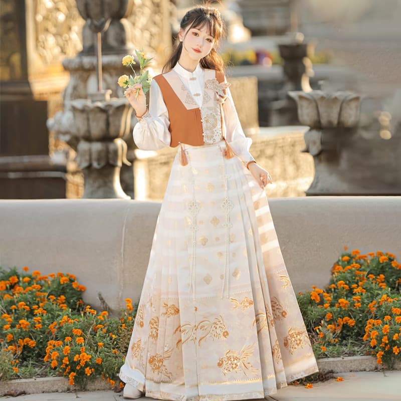Original Goldfish Fireworks Hanfu Women's Chinese Style Modified Hanfu Set: Top, Vest, and Horse-Face Skirt (8888)