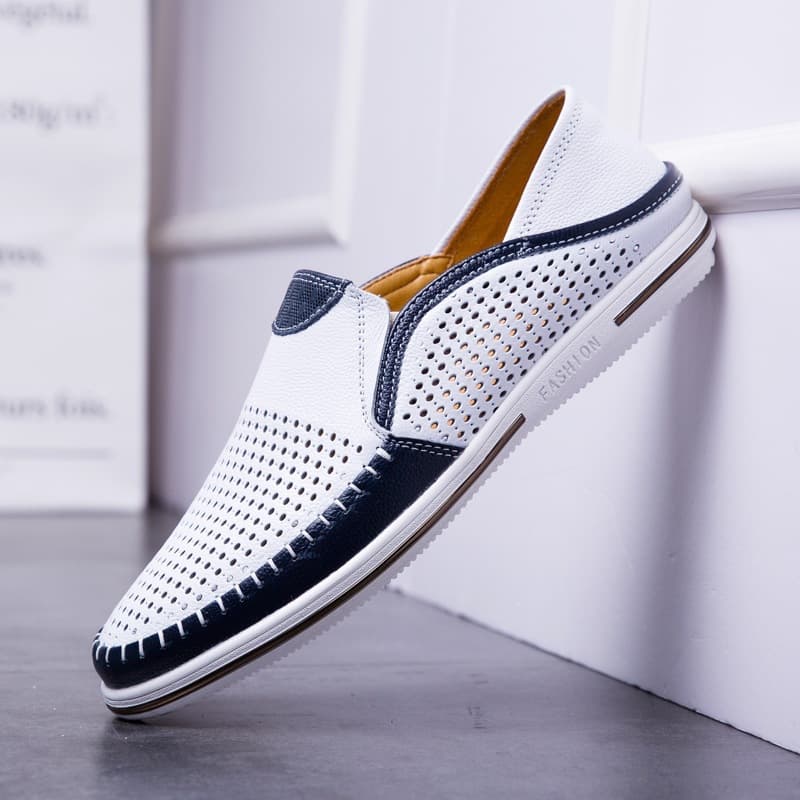 Cross-border popular Shopee Southeast Asian genuine leather loafers for men summer breathable hollow leather shoes slip-on beanie shoes for men