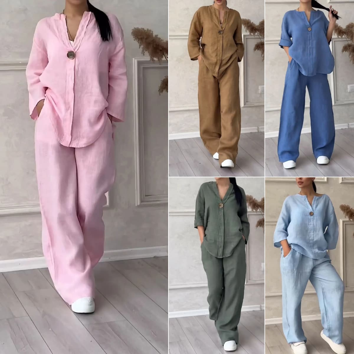 2025 Summer New Cross-border Amazon Women's 2-Piece Plus Size Cotton Linen Shirt Set High Waist Loose Long Pants