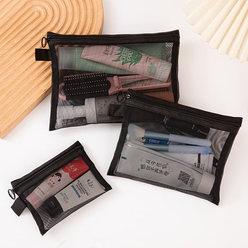 Travel makeup bag storage pouch with transparent mesh, large capacity lipstick organizer, portable minimalist toiletry bag