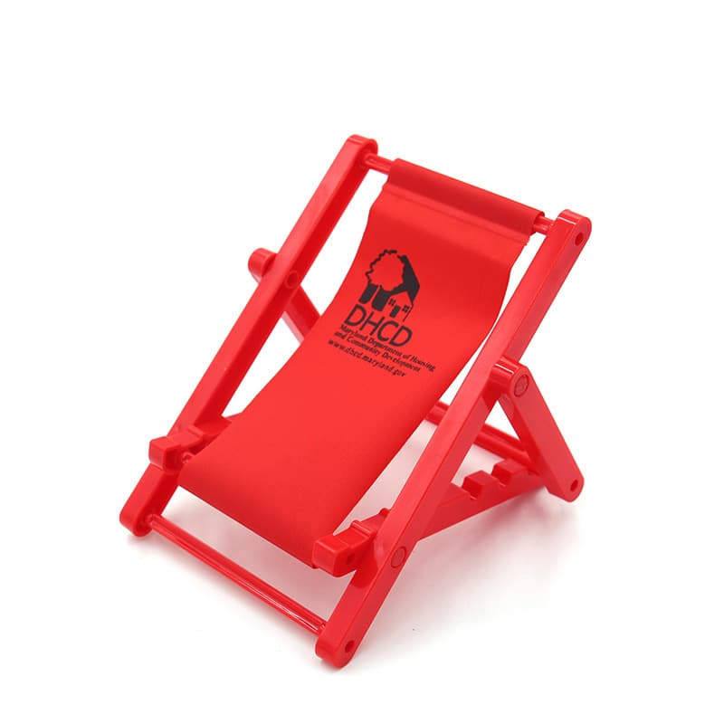 Promotional gift: Red Beach Chair Phone Holder with Silk Screen Logo, Chair-Shaped Plastic Folding Phone Holder