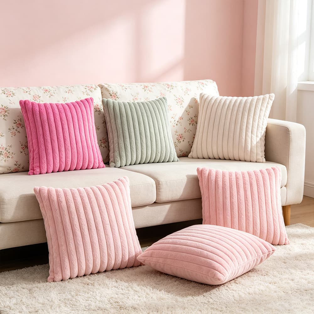 Cross-border Ins Style Christmas Rabbit Fur Striped Cushion Cover Plush Chenille Pillowcase Sofa Cushion Cover Bedroom Lumbar Pillow