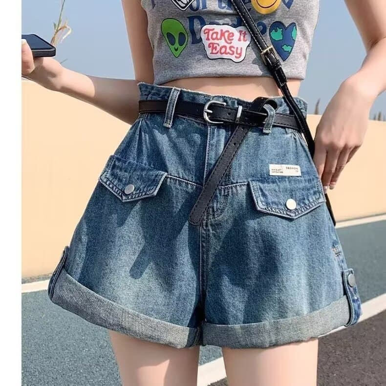 Plus Size Black Cargo Denim Shorts for Women Summer New Hot Girl Rolled Hem High-Waist Wide-Leg Slimming A-Line Shorts