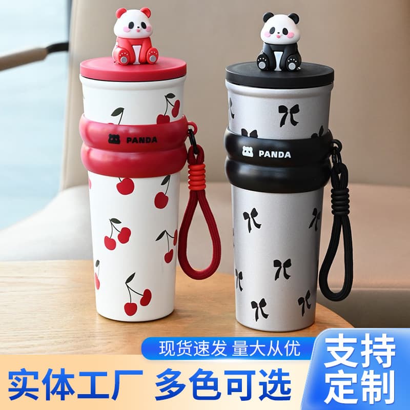 New model of thermal insulation and cold insulation 316 thermos cup for women, high-looking, large-capacity straw cup, portable rope, doll water cup