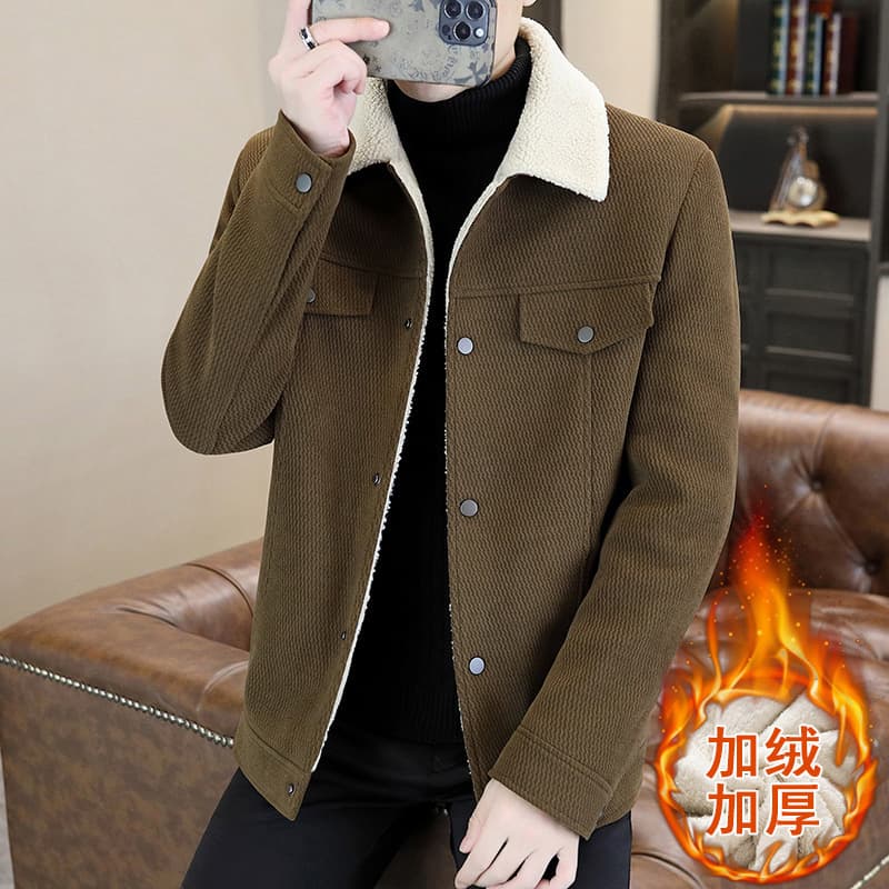 Men's winter fleece-lined, thickened suede-like American retro motorcycle jacket.