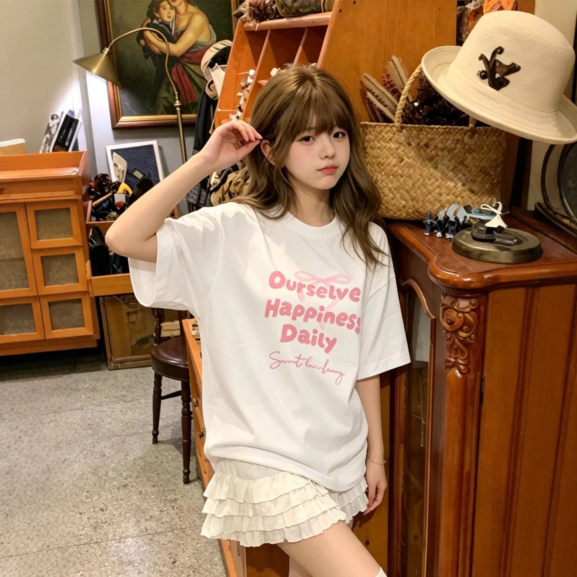 Pure Cotton White Letter-Printed Short-Sleeved T-Shirt for Girls, Summer Loose Casual Versatile Korean-Style Half-Sleeved Top