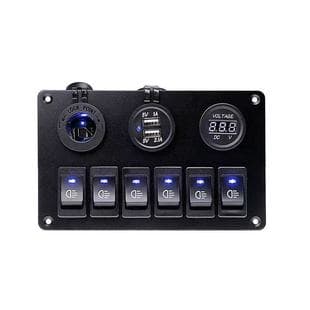Factory Direct 6-Gang Rocker Switch Panel with Dual USB, Cigarette Lighter Socket, Voltmeter Panel Switch XU