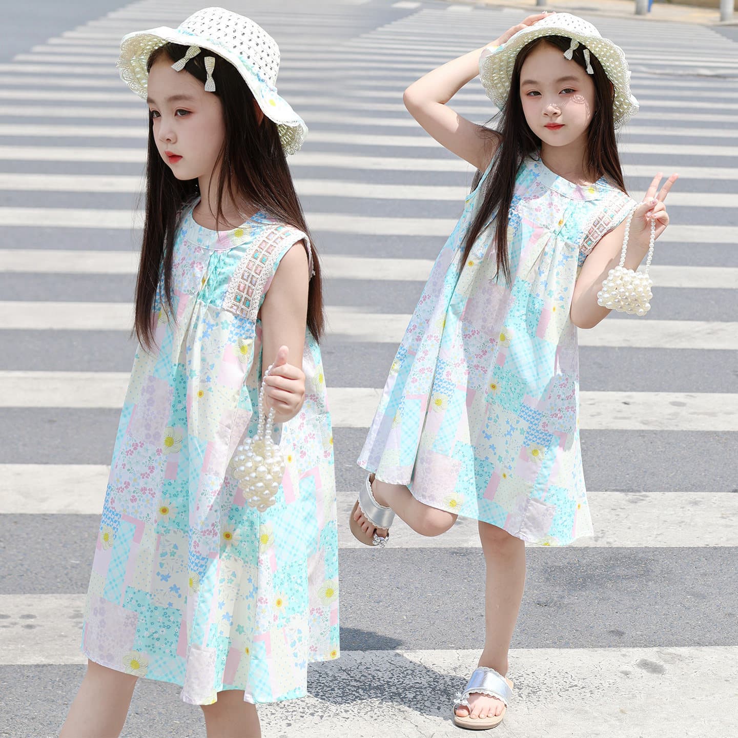 Girls' dress summer pure cotton children's holiday beach dress baby summer dress super beautiful princess dress for middle-aged and older children
