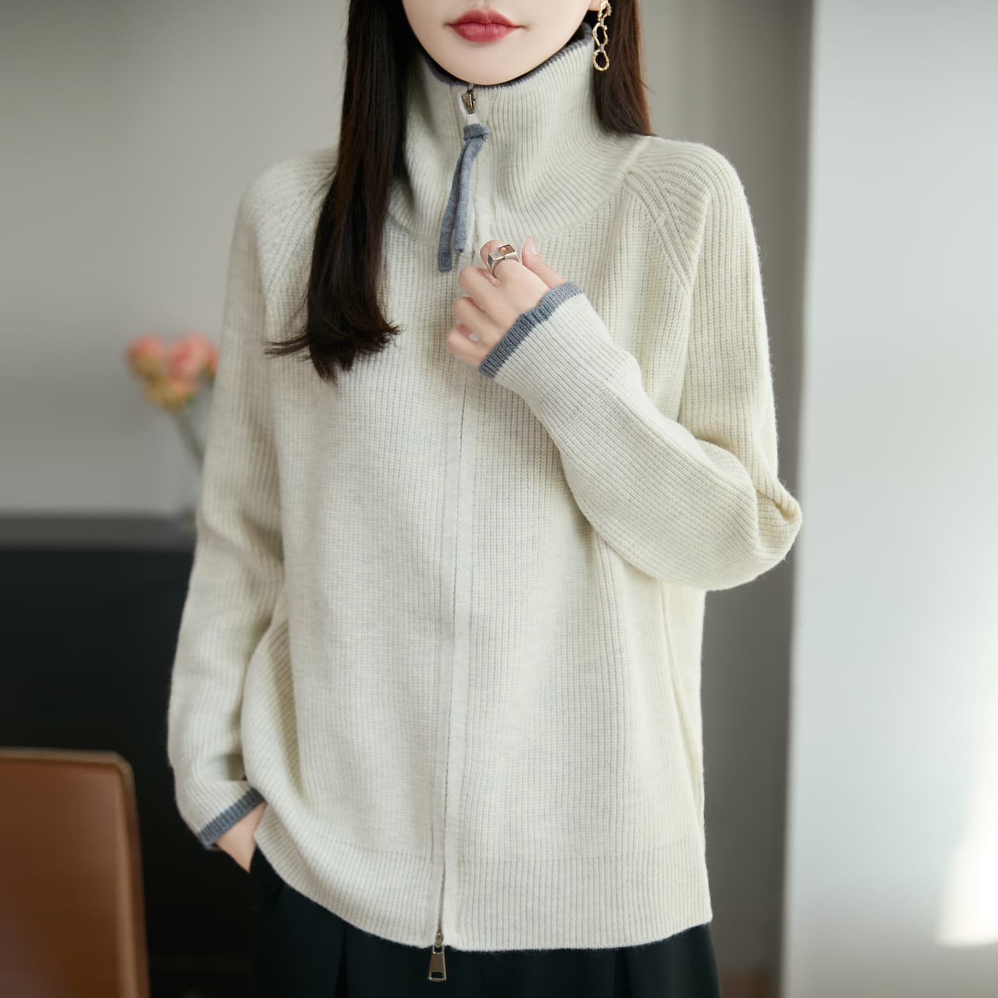 Cross-border Double Zipper Stand Collar Long Sleeve Contrast Knit Cardigan Sweater Coat for Women, Perfect for Fall and Winter Outfits