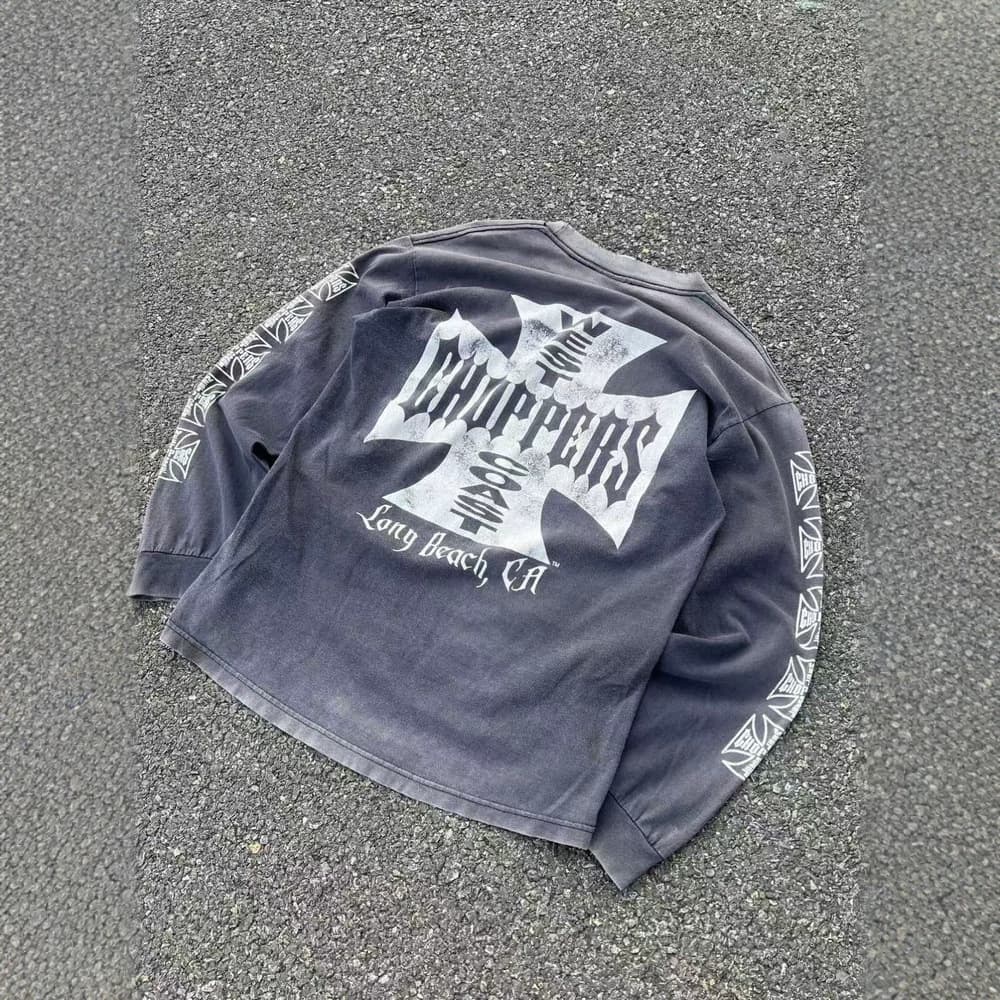 West Coast Choppers Washed Distressed Cross Print Long Sleeve T-Shirt for Men and Women