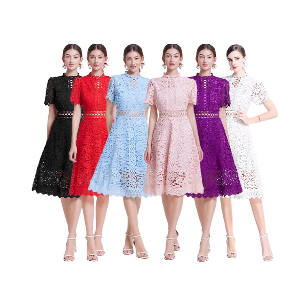 Fashionable French Short Sleeve Midi Dress Women's Waist-Cinching Summer Dress Polyester Fiber Full Sleeve Regular Waistline