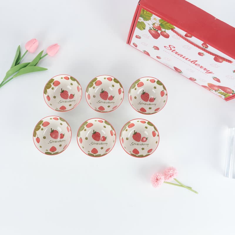 Bowl and chopsticks set tableware gift bowl set bowl gift box strawberry pattern ceramic bowl household small soup bowl round white porcelain