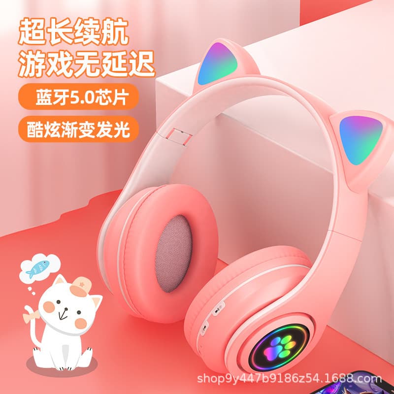 Luminous B39 Cat Ear Head-Mounted Bluetooth Headset with LED Light, Cute Cat Claw Wireless Bluetooth Headset