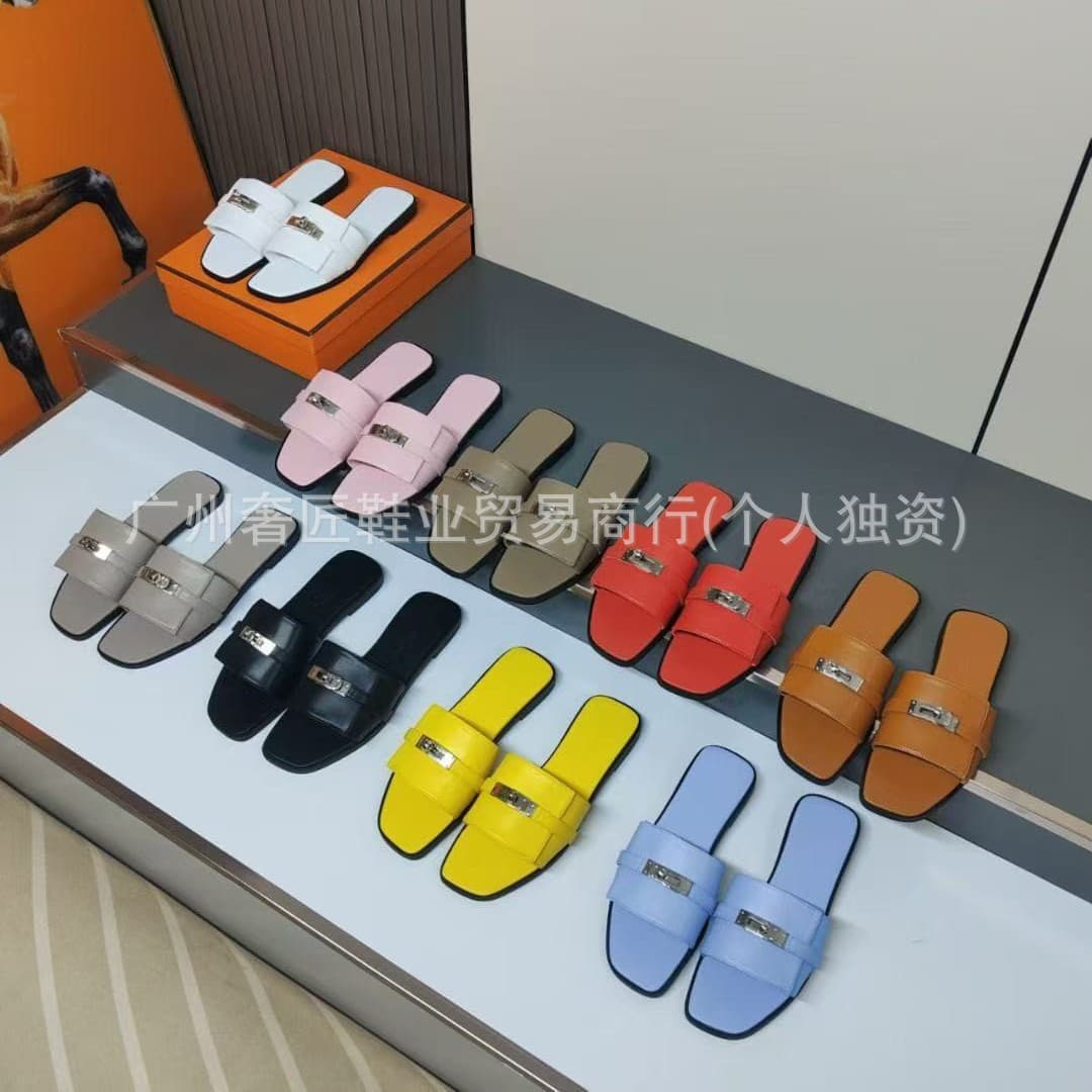 High-End Export Version H Brand Women's Slippers, Sheepskin Buckle Strap Flat Beach Sandals, Simple Style Cool Slippers for Women