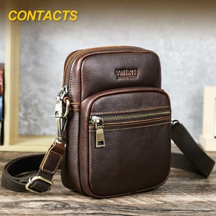 Black Angel Vintage Crazy Horse Pull-Up Grain Leather Multi-Zipper Pocket Single Shoulder Crossbody Bag, Document and Phone Organizer, Genuine Leather Men's Bag