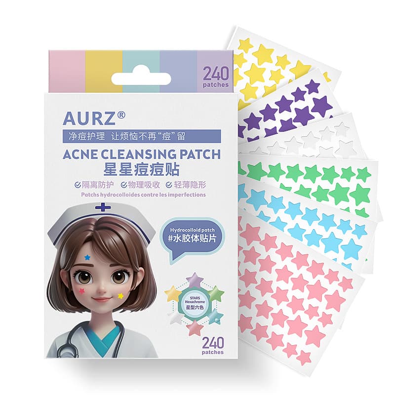 In-stock, dropshipping colored hydrocolloid acne patches, boxed, for fading acne scars and blackheads, absorbing tea tree oil, star-shaped acne patches.
