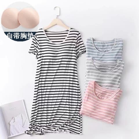 Short-Sleeved Nightgown, Mid-Length Skirt with Breast Pads, Women's Imitation Cotton Korean Style Striped Short-Sleeved Can Be Worn Outside, Round Neck Summer Home Clothes