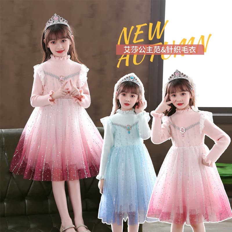 Elsa Dress for Girls New Knit Sweater Children's Elsa Skirt 3-14 Years Old Party Dress Autumn Winter Stylish Birthday
