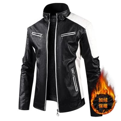 2025 Cross-border Foreign Trade Autumn/Winter Casual Motorcycle Patchwork Leather Jacket for Men, Fashionable Stand Collar Retro Warm Leather Jacket