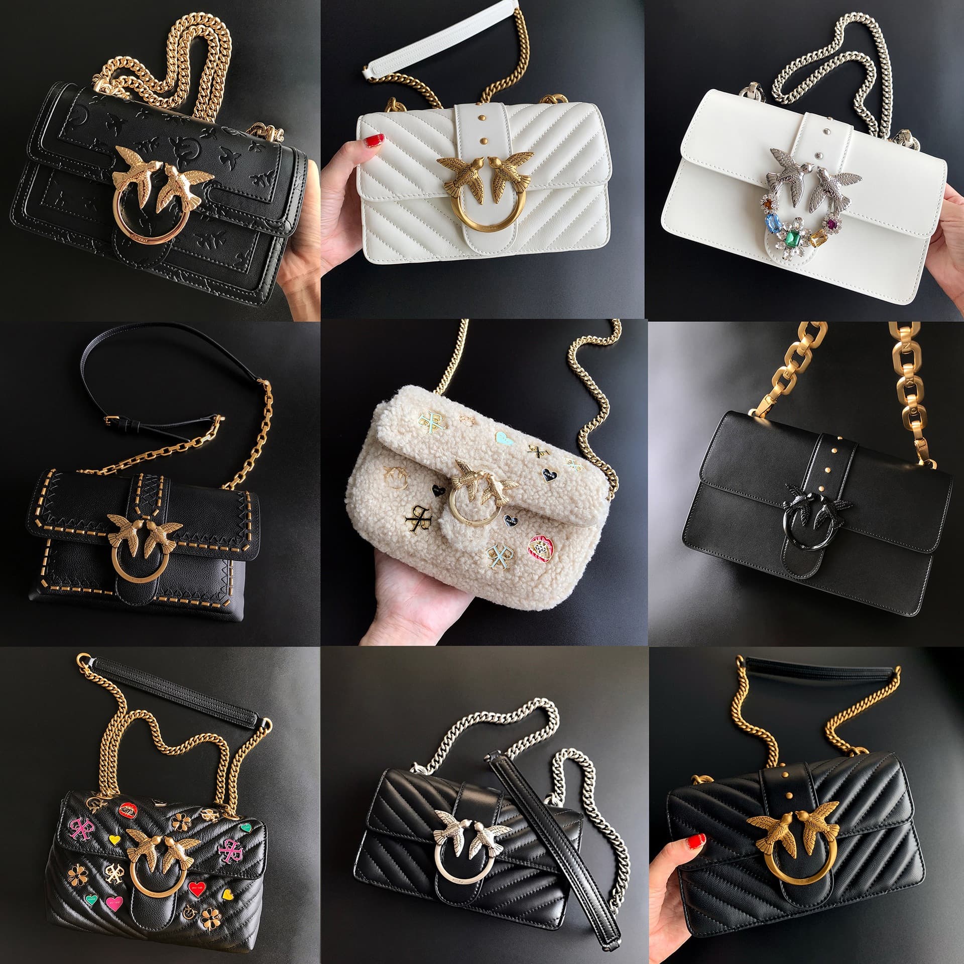 New Pinko Chain Swallow Bag Leather Underarm Women's Bag Embossed Flower Single Shoulder Crossbody