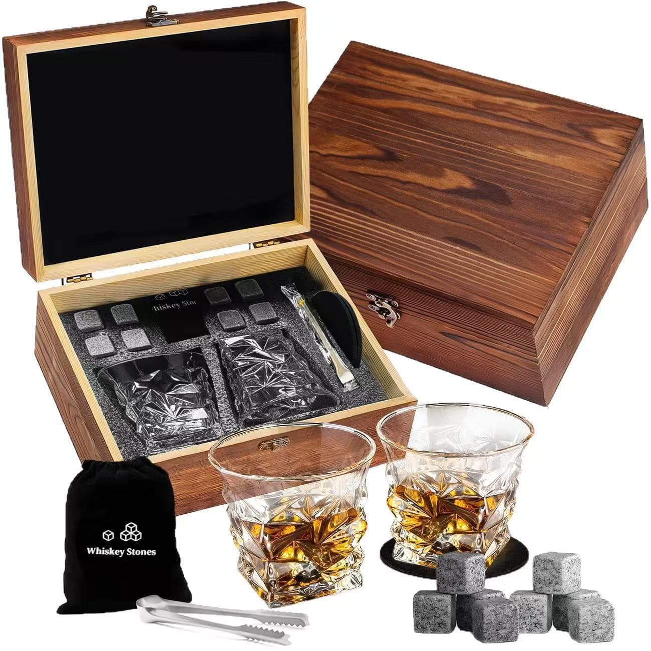 Cross-border whiskey ice wine stone wooden box set water glass glass wine glass gift box whiskey glass set wooden box