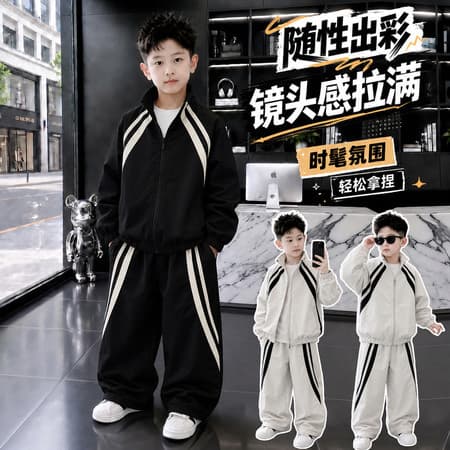 Boys' Set Fall 2026 New Style Children's Casual Sportswear Middle & Big Kids Striped Jacket Two-Piece Set