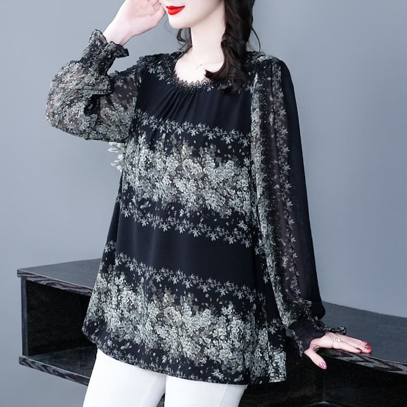 2025 Autumn New Fashion Floral Chiffon Plus Size Loose Blouse for 240 Jin Women Slimming Long Sleeve Top