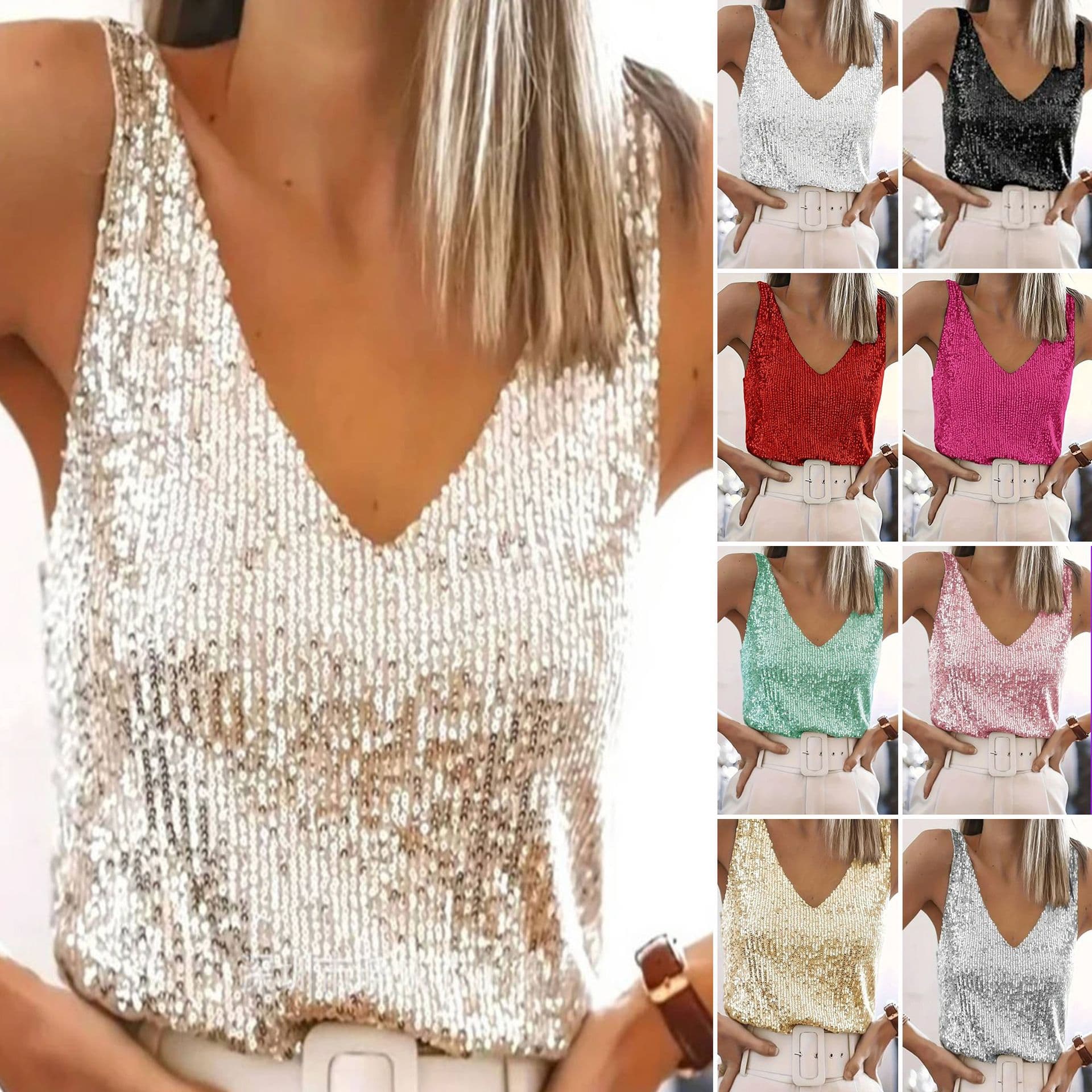 Cross-border Europe and America Shiny Vest New Women's Sequin Sleeveless Top Amazon V-Neck Sexy Base Layer Top