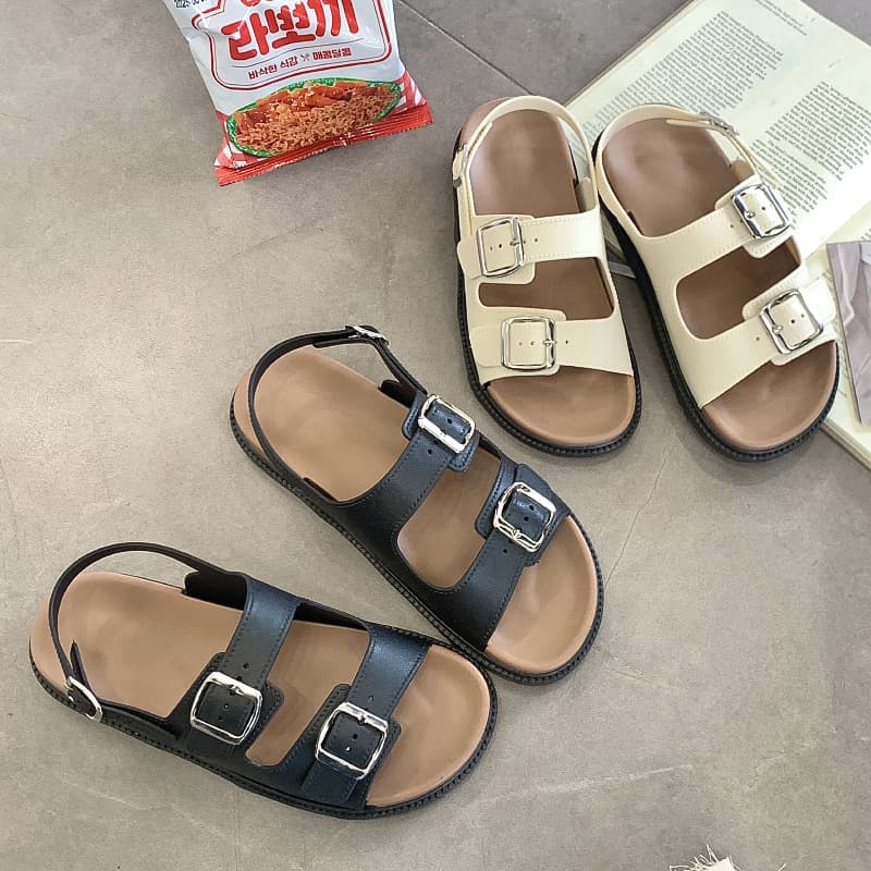 Thick-Soled Slippers Women's Summer Flat Back Strap Open-Toe Sandals Cross-Border Foreign Trade Fashion Square Buckle Roman Beach Sandals