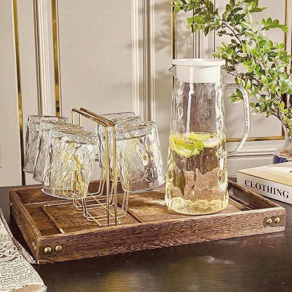 1 Pitcher 6 Cups with Tray Ins Style Light Luxury Large Capacity Heat-Resistant Cold Water Pitcher Cup Home Living Room Tea Cup Teapot Set