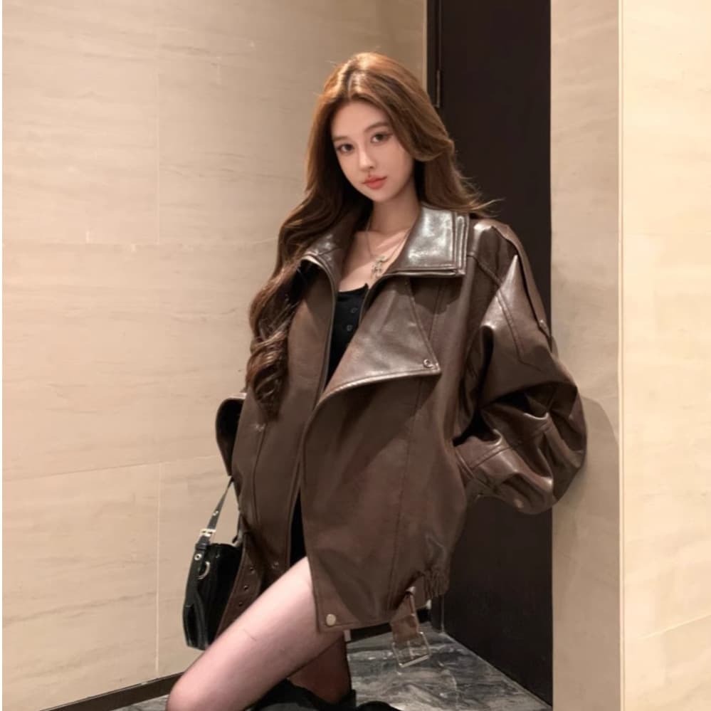 Women's Black PU Leather Jacket, Autumn Fall American Vintage Loose Fit Zip-Up Stand Collar Moto Biker Coat