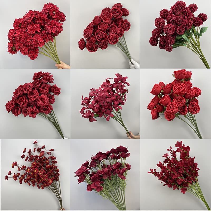 Wedding wedding floral red flower background decoration flower arrangement rose eucalyptus artificial flower indoor living room decoration