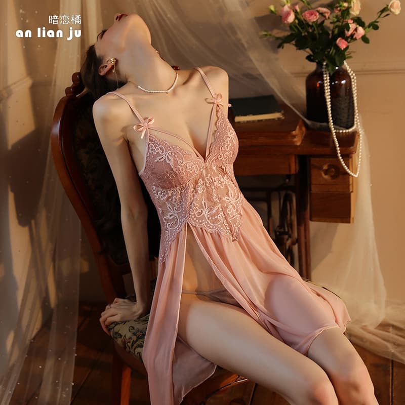 Sexy Spaghetti Strap Dress Multiple Colors Available Sheer Sleepwear Side Slit Cute Bow Mesh Nightgown Women Wholesale 311