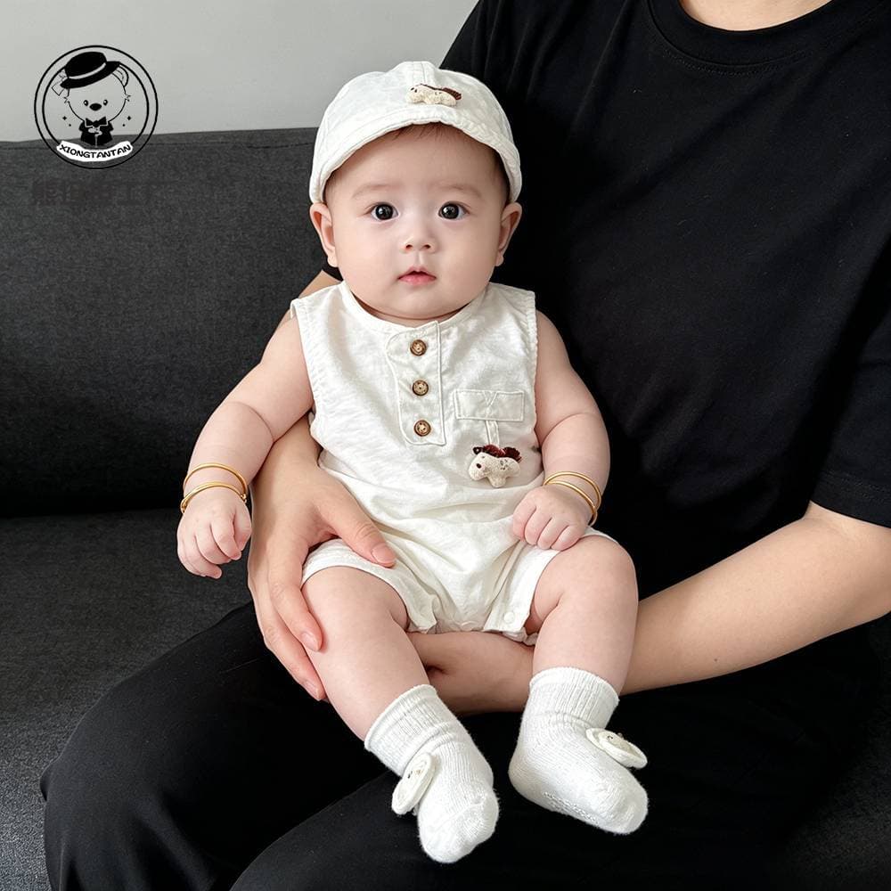 Baby summer jumpsuit for boys, Korean style handsome ponytail suit, newborn summer suit, sleeveless thin outer clothing
