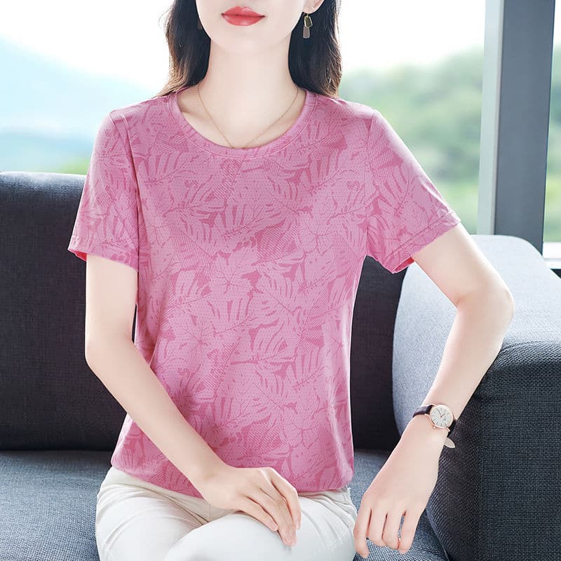 Crewneck Short-sleeved T-shirt Women's Summer New Arrival Young Mother Fashionable Elegant Age-reducing All-match Women's Top Trendy plus size