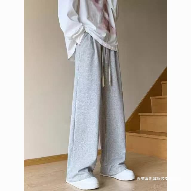 Men's Cotton Sweatpants, Loose-Fit Long Pants, Spring/Autumn Gray Sweatpants, Large Size Straight-Leg Wide Pants, Lightweight Summer Style