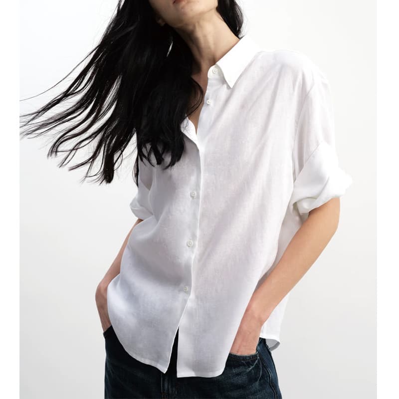 JCAFSAR WONEN Tencel Linen Rolled Hem Short Sleeve Shirt Textured Relaxed White Blouse