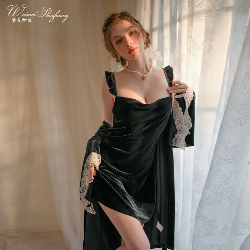 Sheer Lace Sexy Sleepwear Set for Women, Velvet Camisole Nightgown with Ruffled Trim, Deep V-Neck, Lace Detail