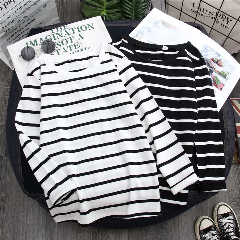 2024 New Spring Autumn Winter Black Striped Top White Stylish Ins Base Tee Women Long Sleeve T-Shirt
