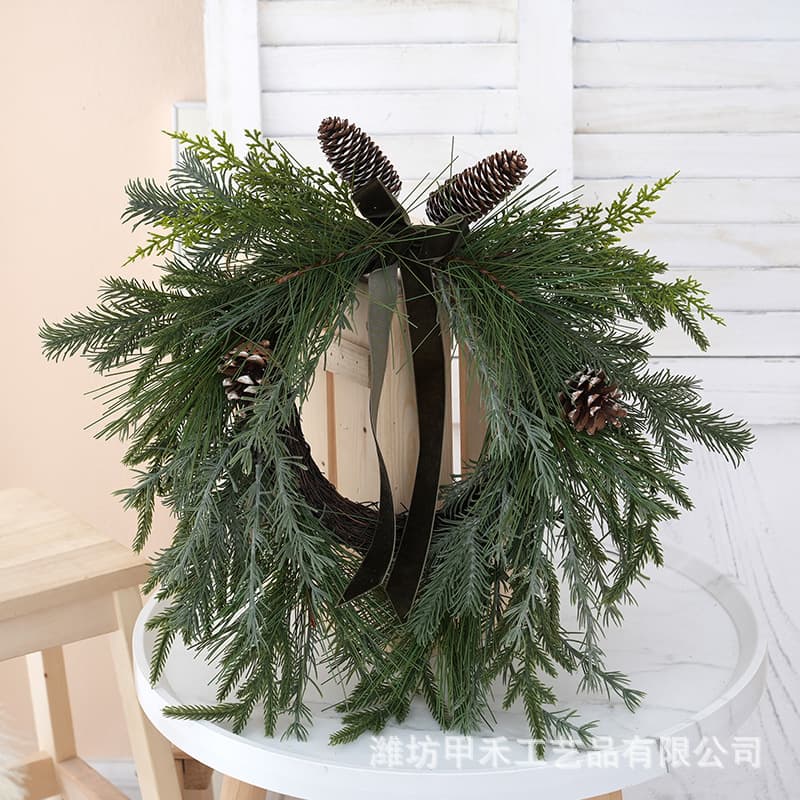 Cross-Border New Product Pinecone Wreath Christmas Decoration Hanging Ornament Heart-Shaped Wreath White Flannel Bow Wreath