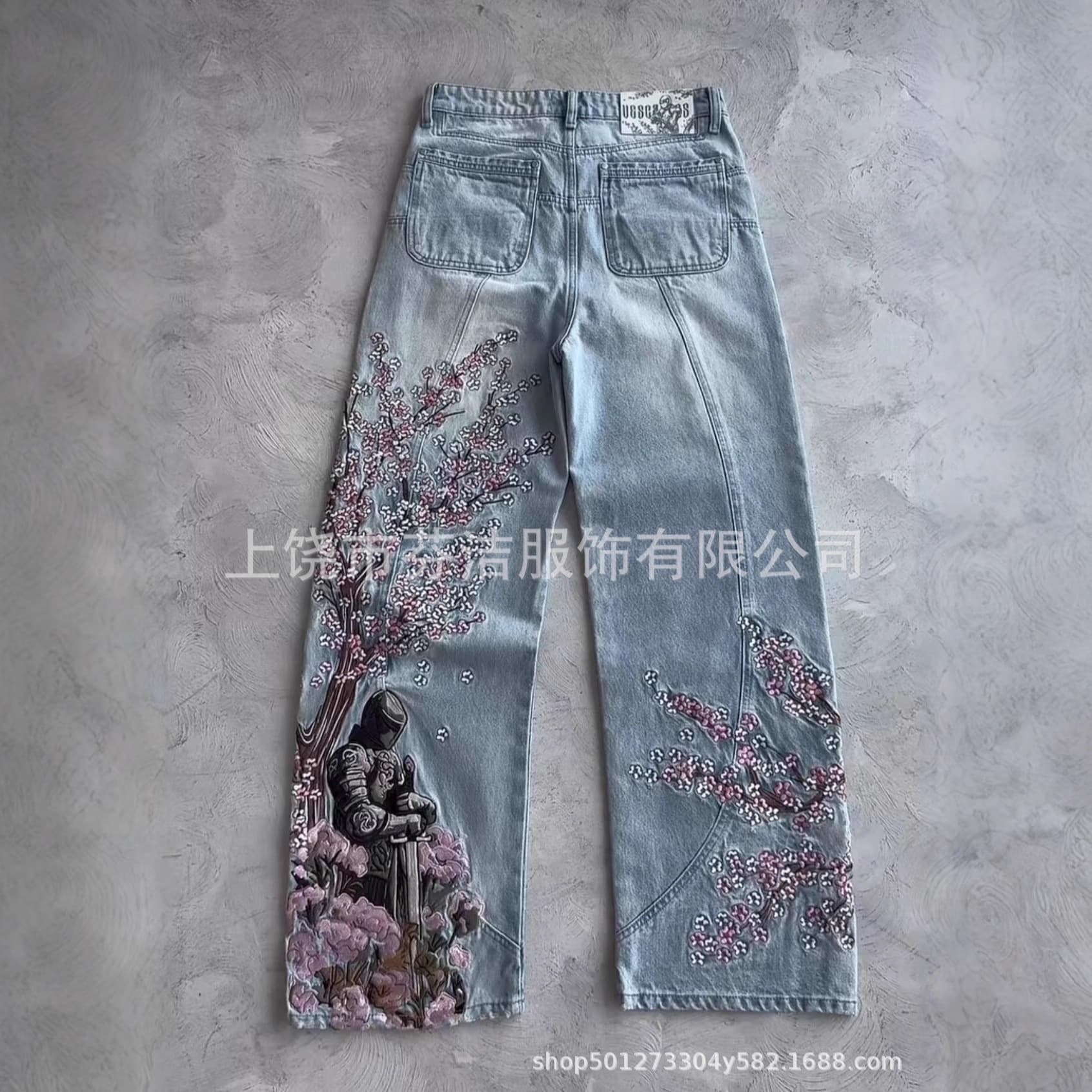 2025 New Cross-border E-commerce Independent Station European and American Floral 3D Digital Print Faux Denim Straight Leg Floor-Length Pants