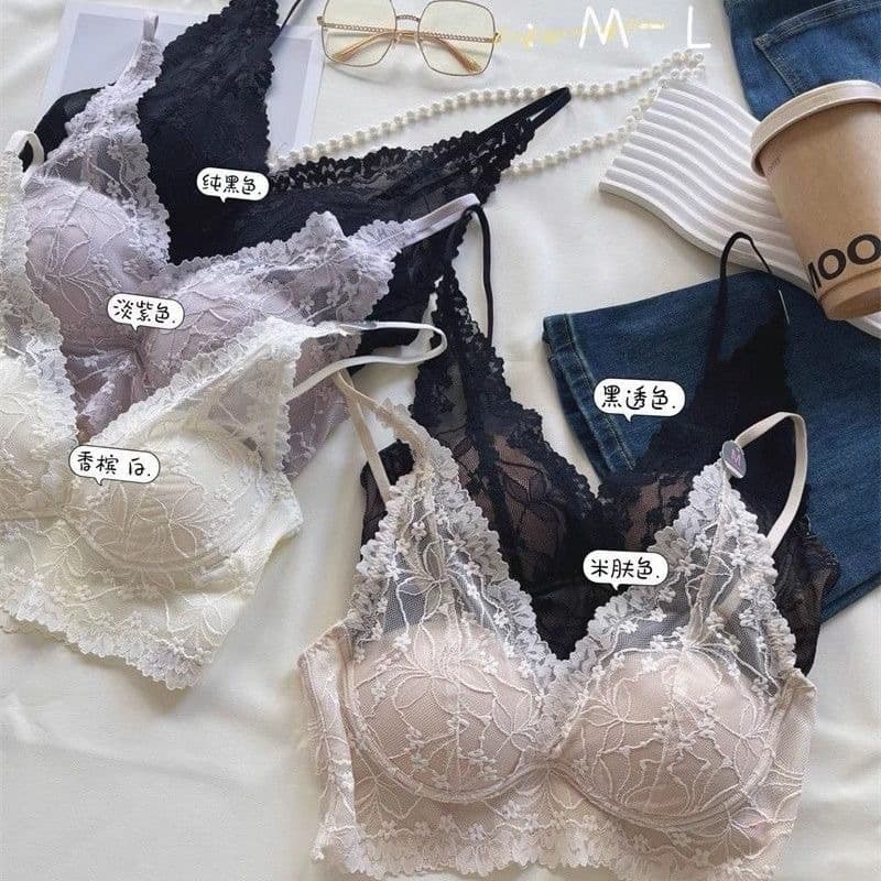 Wanluoti 257 French Fairy Bra V-neck Lace Trim Elegant Delicate Thin Mesh Lightweight Sexy Back Bra.