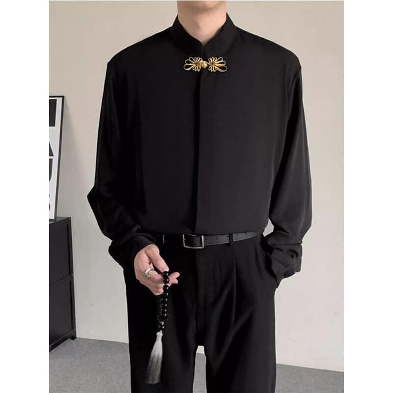 New Chinese Style Men's Black National Style Stand Collar Pankou Embroidery Hidden Button Long Sleeve Shirt Wrinkle-Resistant Engagement Suit Set Trendy