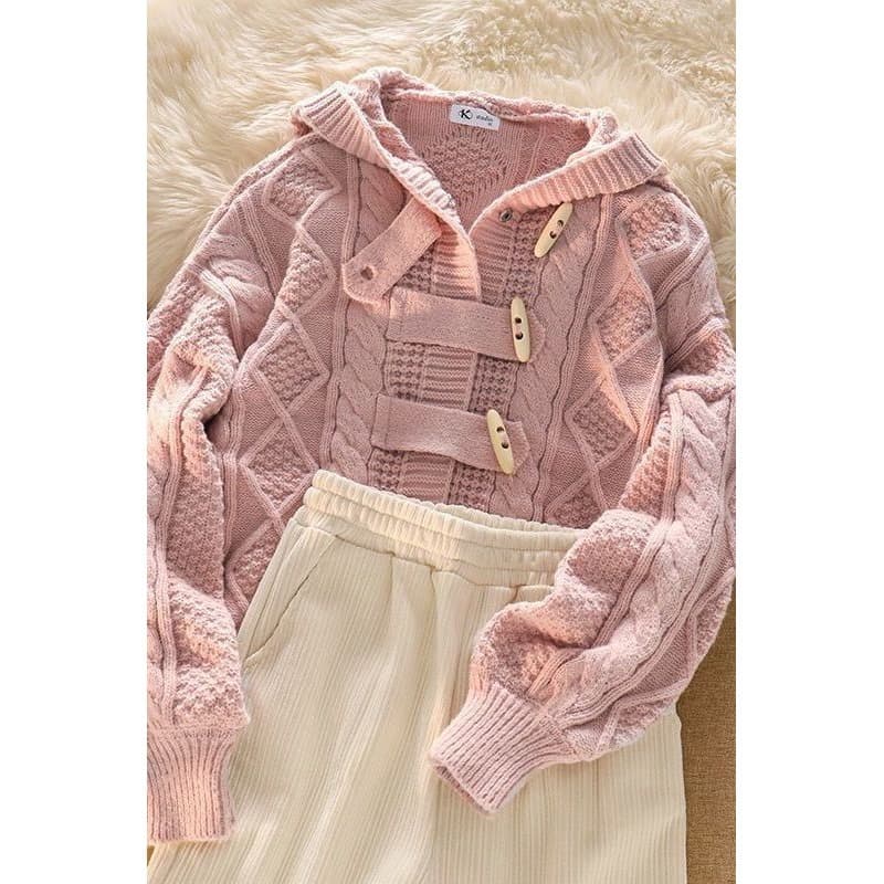 Sweet Set for Women Autumn/Winter Gentle Style Horn Button Design Sense Hooded Sweater Coat + Casual Pants Two-Piece Outfit