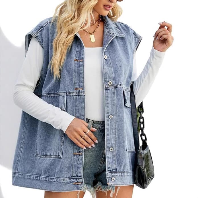 New Women's Retro Denim Vest with Oversized Buttons, Sleeveless Jean Vest for Amazon TEMU Cross-Border Sales