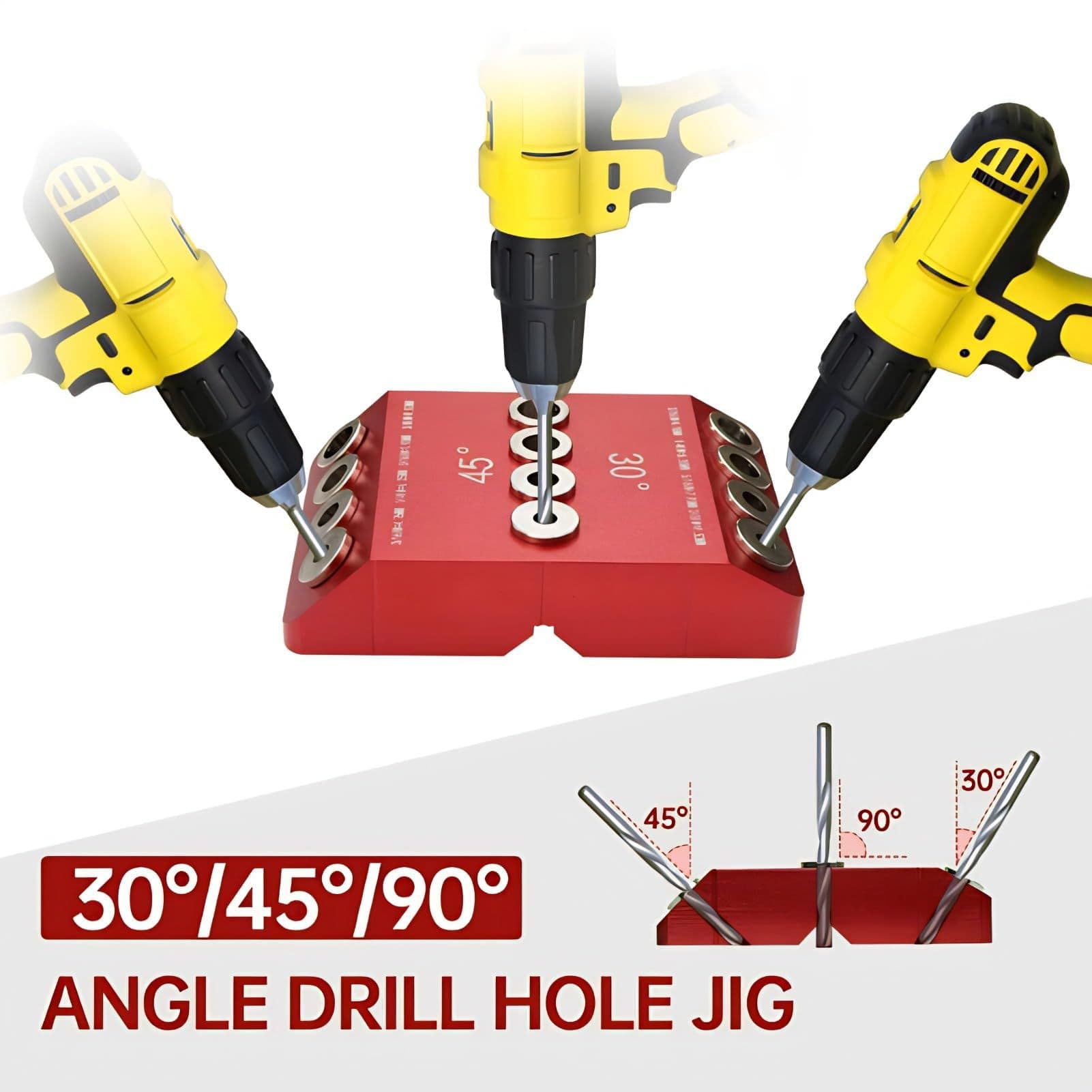 High-precision aluminum alloy woodworking professional tools, including multi-angle drilling and positioning devices with 30°, 45°, and 90° bevels.